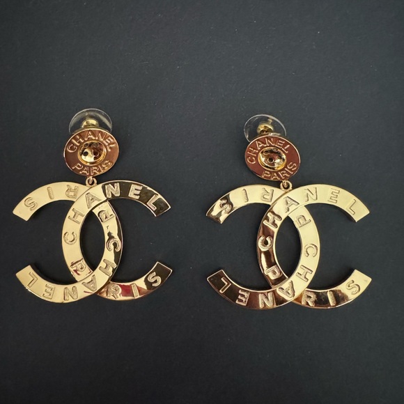 CHANEL Gold Logo Drop Earrings - Picture 1 of 4